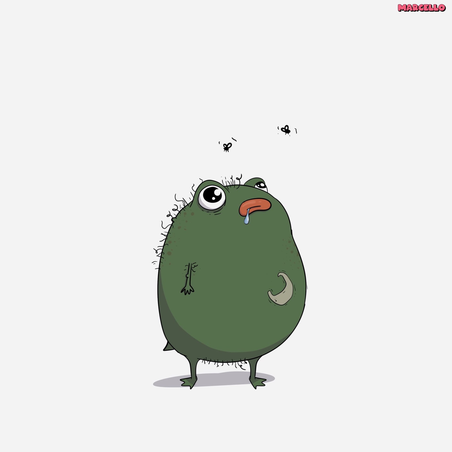 The original Pistacio drawing by Marcello: a round green creature with big uneven eyes and flies overhead